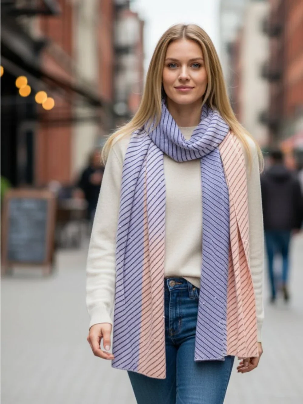 NWT Lele  Oversized Two-Tone Pearl Saturday Stripe Ribbed Scarf 97.5